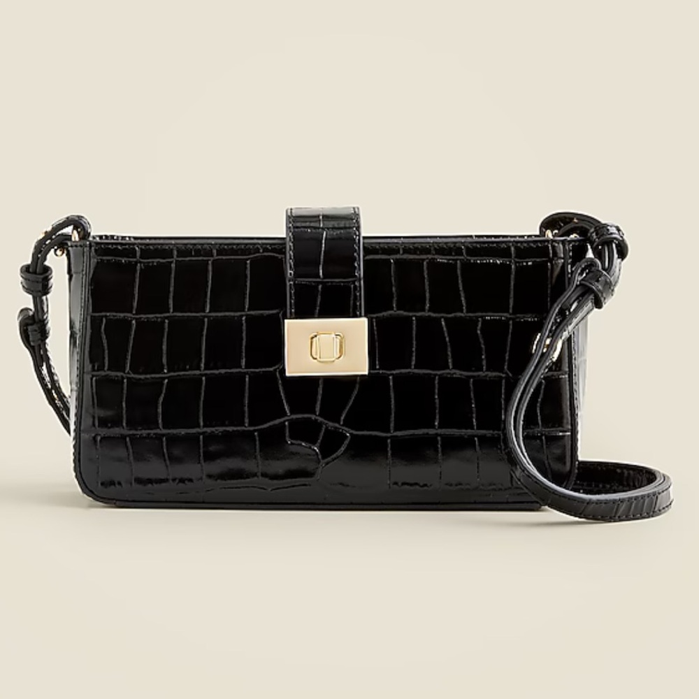 J. Crew Black Croc-Embossed Crossbody Bag with Gold Hardware